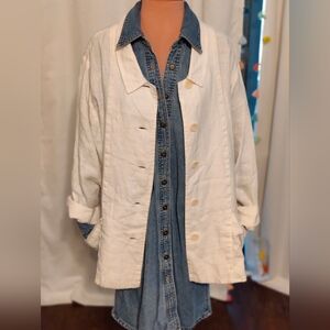 FLAX  Spring white Linen Jacket pockets big buttons full Flippy hemline Chic LG